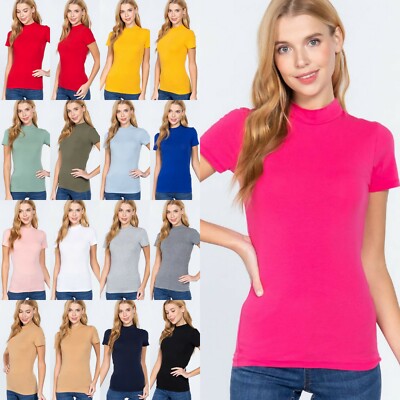 Slim Fit Women's Mock Neck Short Sleeve Cotton Spandex T
