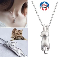Sterling Silver Love Cute Cat Kitty Pendant Necklace 18" Chain Women Gift USA
