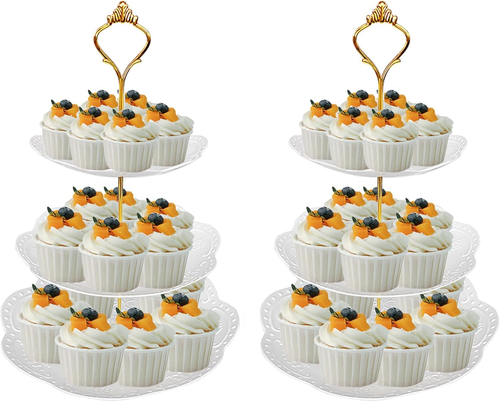 3 Tier White Plastic Cupcake Stand Set of 2 Dessert Candy Display with Metal Pil - Picture 8 of 12