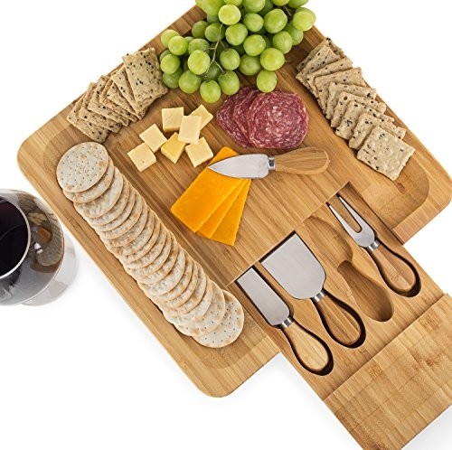 Bamboo Cheese Board Set With Cutlery In Slide-Out Drawer StainlessSteel Utensils - Picture 1 of 6