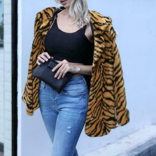 Cappotto donna pelliccia sintetica motivo tigre inverno caldo giacca pelosa risvolto outwears S-3XL - Foto 5 di 14