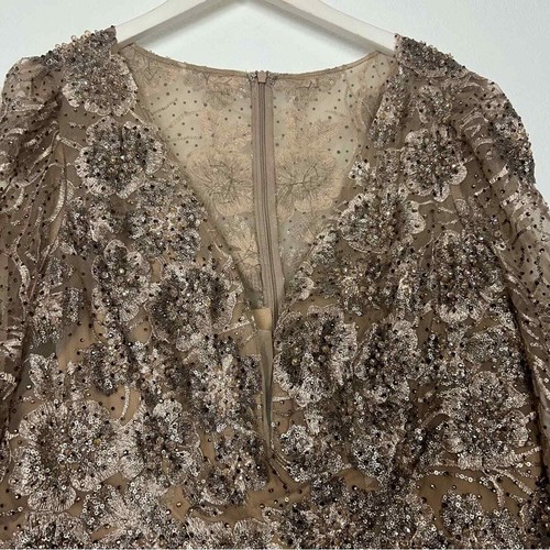 NWT Mac Duggal Embellished Plunge Neck Vintage Gold Long Sleeve Midi Dress 16 - Picture 7 of 11