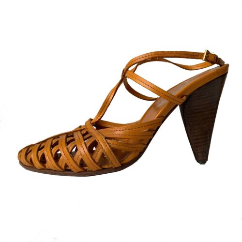 Sandali Prada donna 6 arancioni in pelle cinturino a T tessuto tacco mandorla punta chiusa - Foto 2 di 9