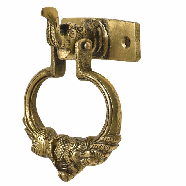 Antico Ottone Fatto a Mano Elefante Tronco Lacci Pavone Porta Battente Bell Antico Ottone Fatto a Mano Elefante Tronco Lacci Pavone Porta Battente Bell