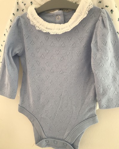 Up To 1 Month ~ 9 Lbs~ 2 Pretty Pointelle Bodysuits~ Blue And Cream Floral - Picture 2 of 4