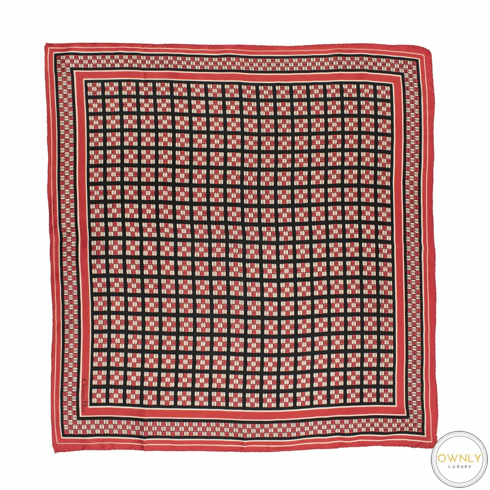 Écharpe laminée à la main Christian Dior rouge noir blanc soie abstraite géométrique Italie