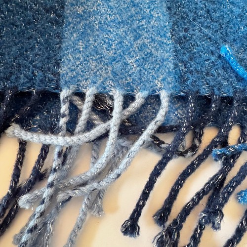 Talbots Wrap Scarf Wool Blend Sparkle Blue Striped Plaid Fringe Oversized Cozy - Picture 6 of 9