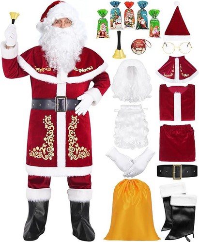 MEN DELUXE 14 PC RED VELVET 3XL SANTA CLAUS SUIT CHRISTMAS COSTUME FATHER OUTFIT - Picture 1 of 9