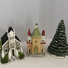 Lot Of 2 Christmas Village Hand Painted Ceramic Church Vintage - Add Lights!