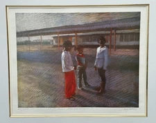 BLUE SHADOWS 3 BLACK GIRLS HAND SIGNED LITHOGRAPH AFRICAN AMERICAN ART CHILDREN