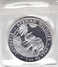 2017 1 oz Ag Silver 100 Shillings Somali Republic African Wildlife Elephant
