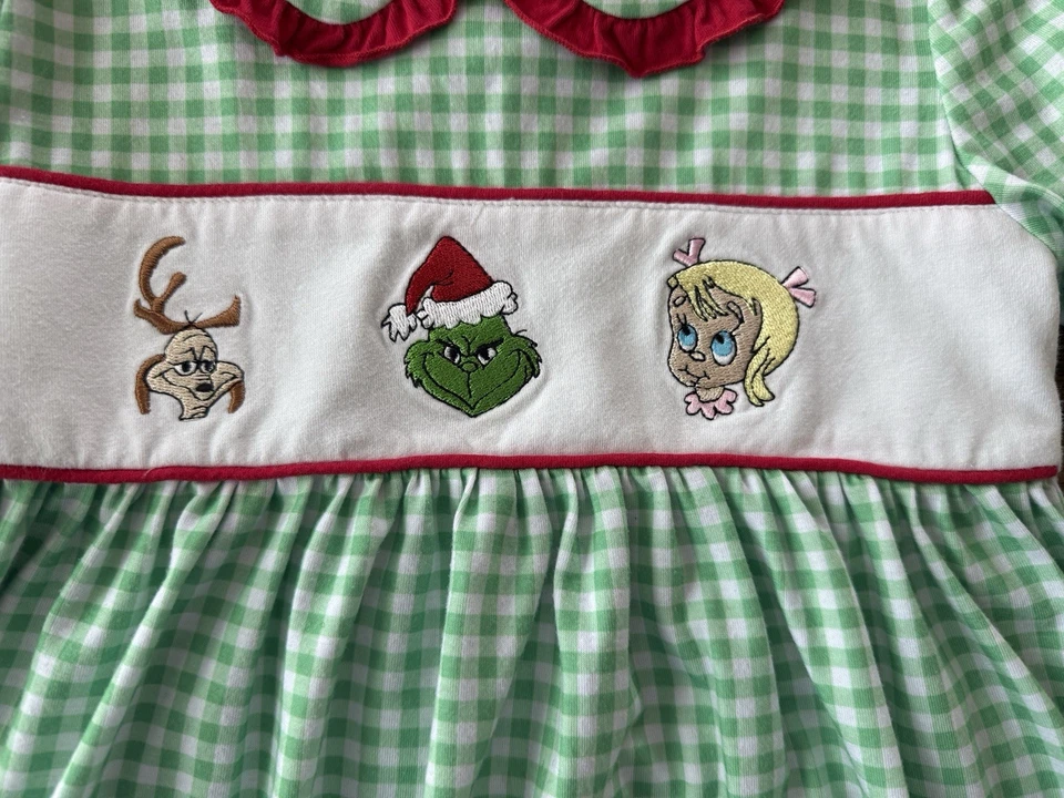 Vestido The Grinch Verde/Blanco Guinga Bordado Niñas 6-7 Vacaciones Nuevo sin Etiquetas Foto 3 de 4