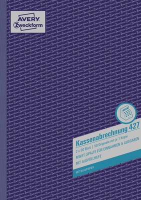 3x Zweckform Kassenabrechnung 427 A4 je Buch 2x 50 Blatt AVERY mit MwSt.-Spalte
