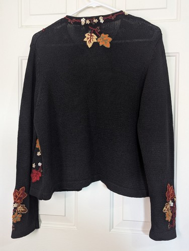 Reference Point Cardigan Womens Medium Petite Black Autumn Leaves Thanksgiving - Picture 7 of 10