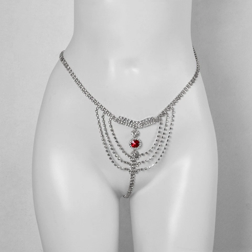 Sexy conjunto de discoteca de diamantes de imitación de bikini rubí de moda para mujeres cadena corporal joyería Foto 3 de 4