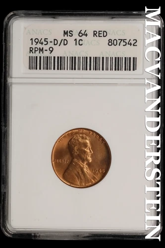 1945-D/D Lincoln Wheat Cent-ANACS MS 64 RED RPM-9 Gem BU No Reserve #SLL556