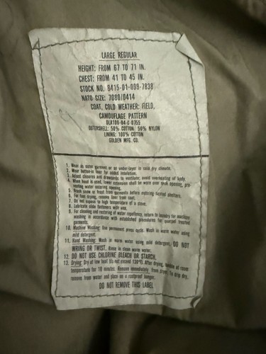 US Army Camouflage Coat cold weather Field jacket Large Regular with liner Large - Picture 5 of 6