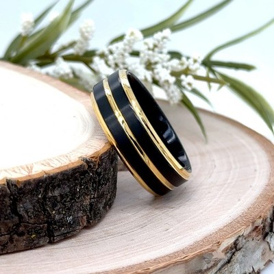 8mm Black Tungsten Carbide Ring For Christmas Triple Gold Accent Stripes Band