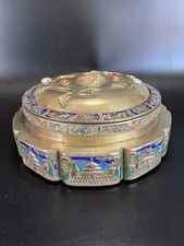 Vintage Chinese Tea Caddy Box Repousse Brass Enamel Relief Natural Stones