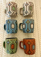 Set of 6 Mr. Coffee Mugs 12oz Geometric Pattern Spoon Slot Handle Retro Style