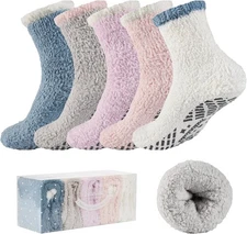 Bulinlulu Fuzzy Socks with Grips for Women 5-Pairs Non Slip Sleep Warm Fluffy Sl