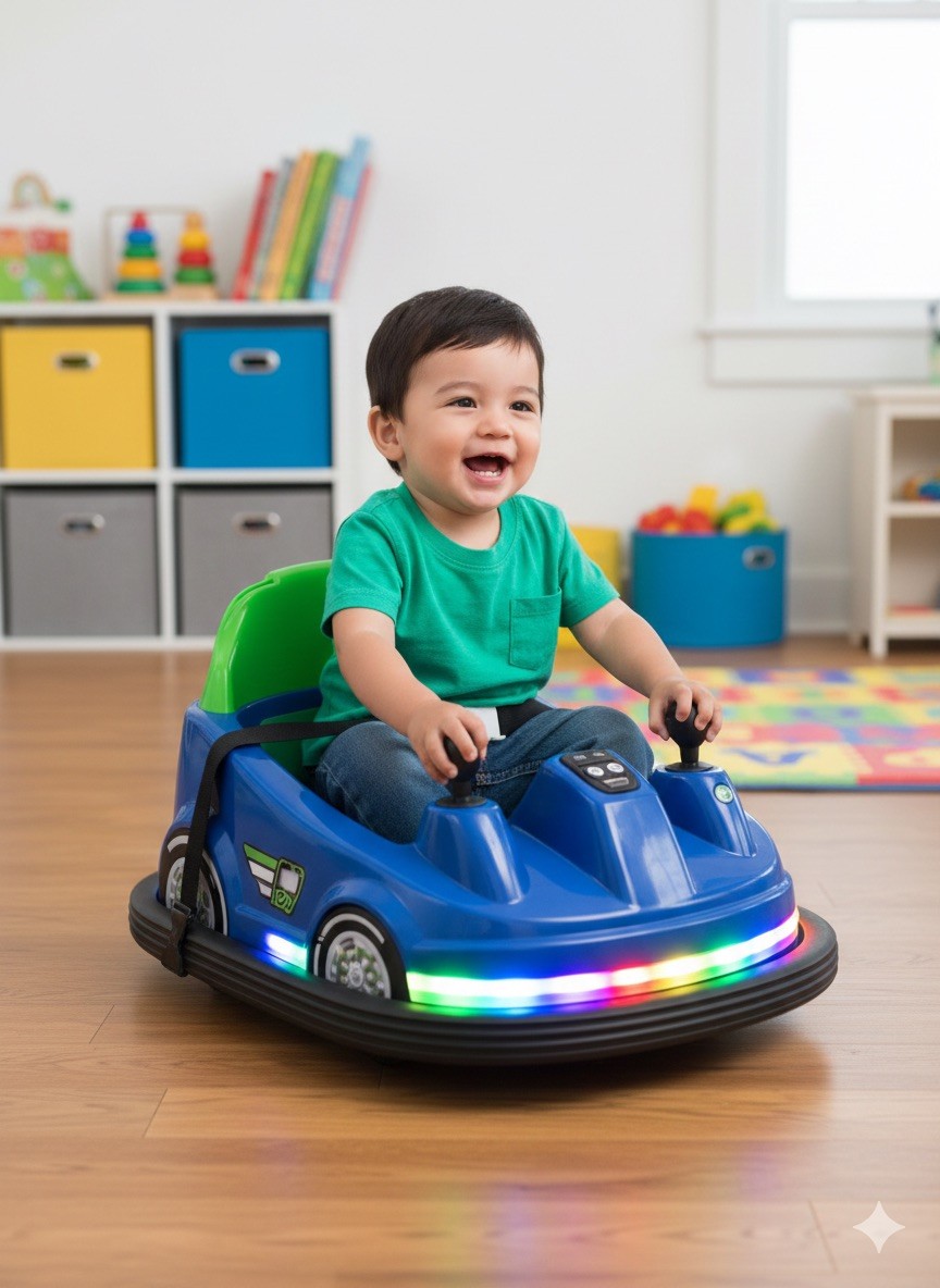 Kid Trax 6V Bumper Car Ride-On Toy , 360&deg; Spin, LED Lights, Soft Bumpers, Blue