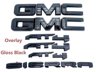 2019-2025 GMC Sierra Front & Rear and AT4 OVERLAY Emblems kit Gloss BLACK
