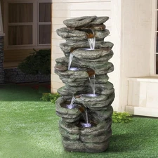 Outdoor Water Feature with LED – Tiered Resin Fountain for Garden or Patio