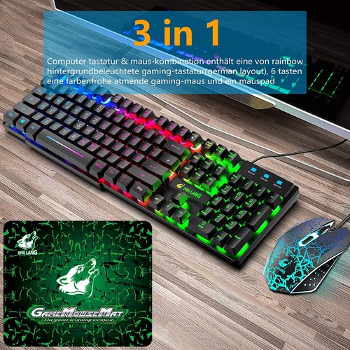 LED Gaming Tastatur Und Maus Set QWERTZ German Layout Regenbogen 2400 DPI Maus - Bild 6 von 21