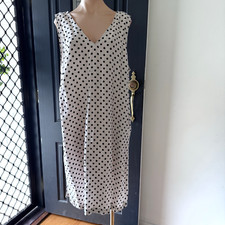 Sussan Polka Dot Linen Dress Plus Size 18 Beige Oatmeal Hemmed V-Neck Sun Picnic