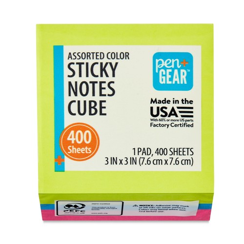 Pen+Gear Sticky Notes Cube, Multicolor, 3” x 3”, 400 Sheets