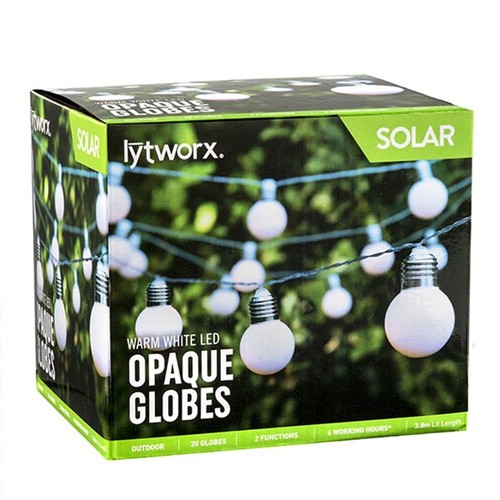 20 LED Lytworx Solar Lights Backyard Party Light Cafe Garden Opaque Globes 3.8m - Picture 2 of 2