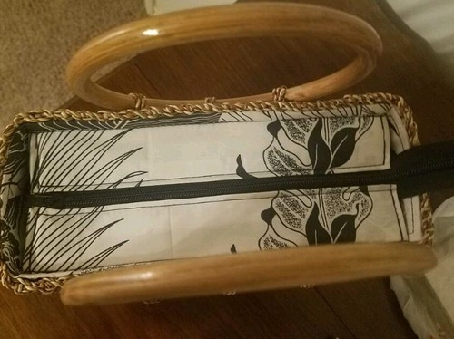 straw wicker box purse handbag basket round handles zipper lined Boho retro - Picture 6 of 7