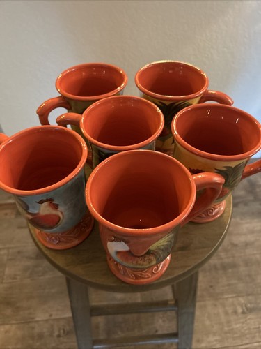 Cracker Barrel footed mugs Break Of Dawn (Rooster) Design Susan Winget Set Of 6