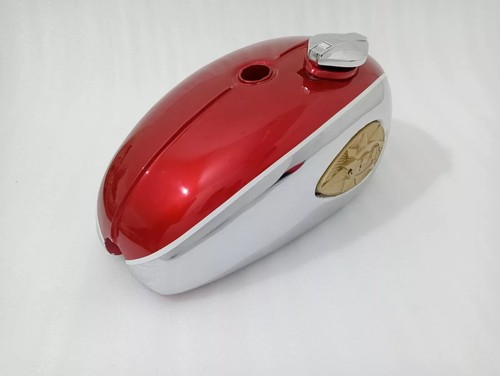 BSA A65 2 Gallon Cherry & Chrome Steel Petrol Tank + Side Panel + Badge + Cap - Picture 12 of 18