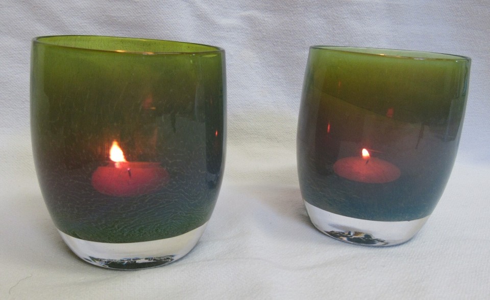 Set of 2 Glassybaby 174 Hudson Blue Green Brown Votive Candle Holders