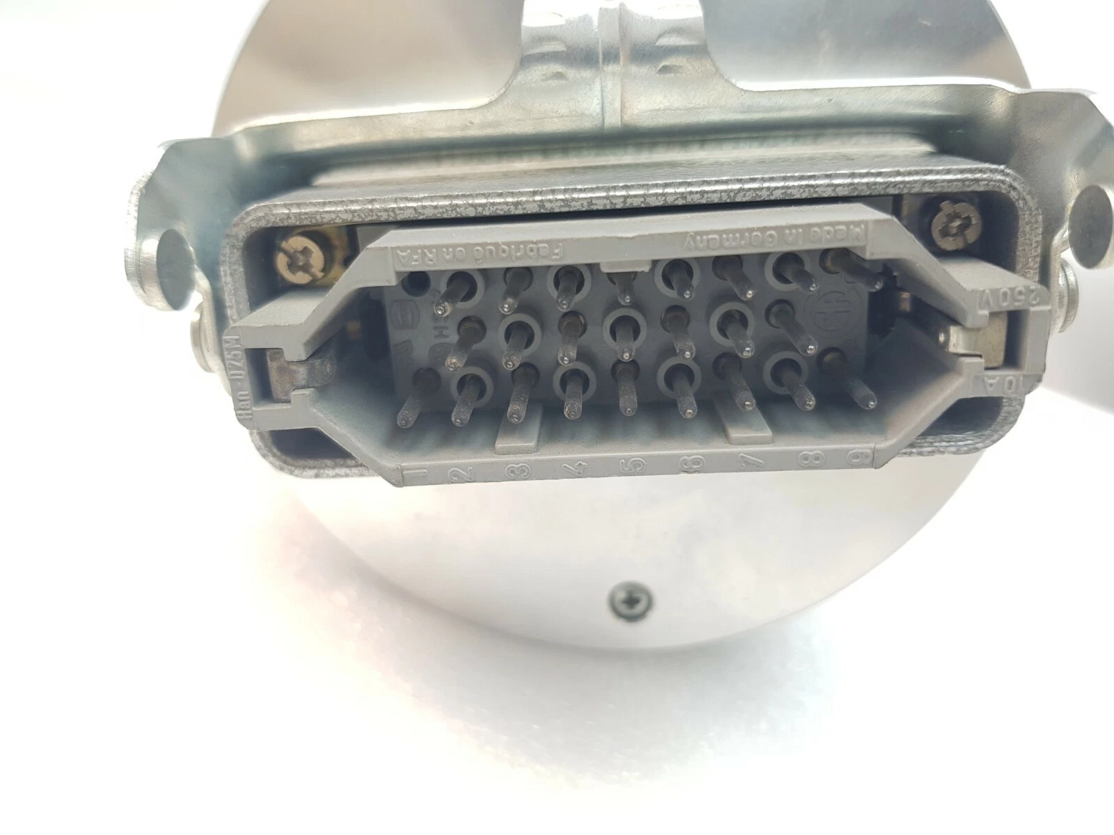 Rectangular multi-pin connector on the rear of the TR Electronic CE100M encoder