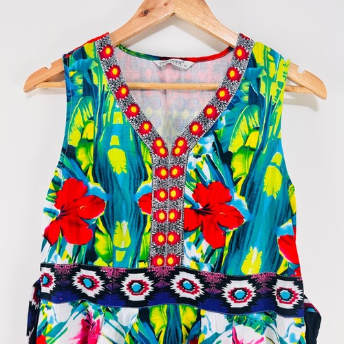 Orientique Shift Dress 10 Hibiscus Blue Red Green Yellow Abstract Boho Floral - Picture 2 of 22
