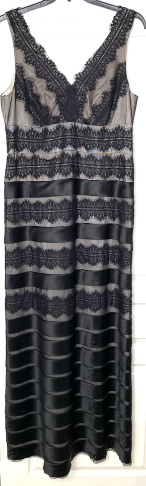 JS COLLECTIONS Black Beige Satin Overlay Mesh Lace Stripe Gown Maxi Dress 14W 1X - Image 3 of 4