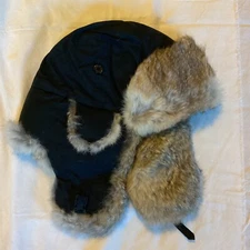 Vintage Lake of the Isles Black Trapper Hat Genuine Rabbit Fur Size M Clip Close