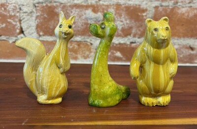 VTG Animal Figurines Faux Wood Rhinestone Eyes Bear Squirrel Poodle Hong Kong