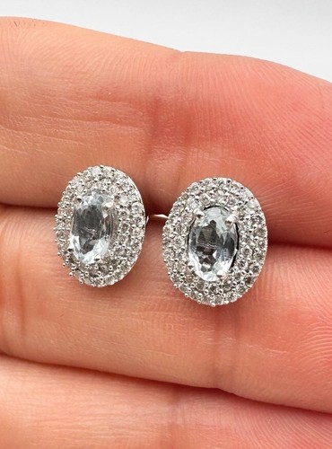 Designer 14k White Gold 1.02tcw Natural Aquamarine & Diamond Halo Stud Earrings - Picture 3 of 5