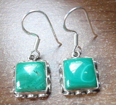 Malachite Squares with Rope Style Accents 925 Sterling Silver Dangle Earrings