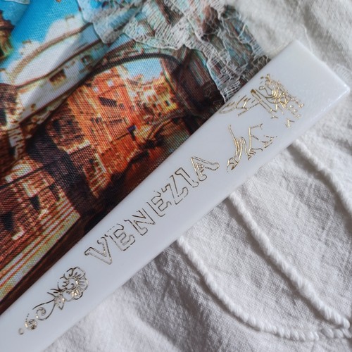 VENEZIA Italien faltbarer Handfächer Goldrand & Spitzenstoff mit Szenen von Venedig - Bild 4 von 11