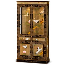 US SELLER Hand Painted Gold Leaf Crane Motif Asian China Cabinet
