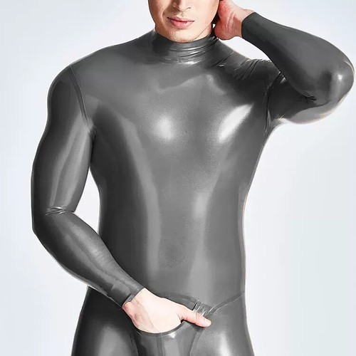 Mens grey Latex Tight catsuit with Front pocket&Back zipper for fetish clubwear - Picture 4 of 8