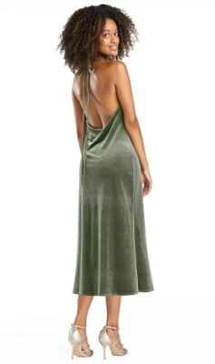 slim fit dress slacks Scuba & Velvet Satin Halterneck Maxi Dress With Back Sash - Sage Green