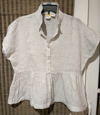 NWOT C&C White Black Stripe Peplum Hem Cap Sleeve Linen Size L