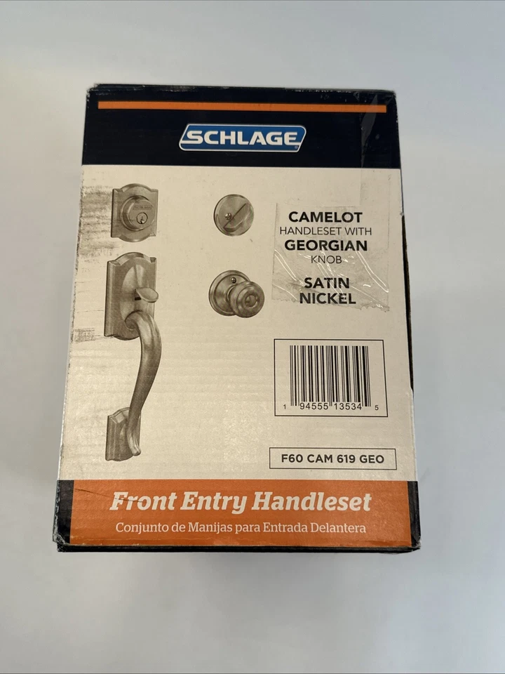 Schlage Camelot Front Entry Handleset Georgian Door Knob & Deadbolt Satin Nickel - Image 3 of 4