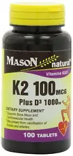 Mason Natural Vitamin K2 Plus D3, 100 Tablets Dietary Supplement